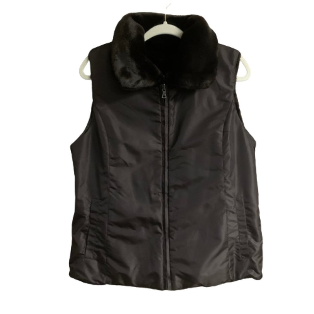 Liz Claiborne Reversible Ribbed Faux Fur Full Zip Up Brown X-Large Women Vest - Picture 4 of 10